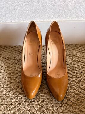 Christian Louboutin Camel Patent Leather Pointed-Toe Pumps